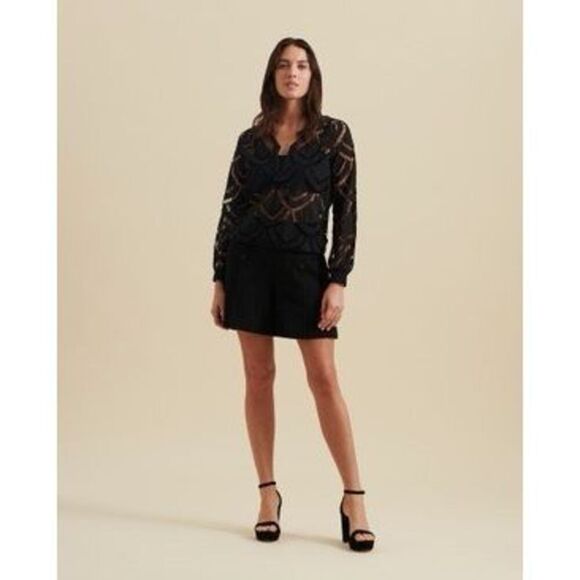 Anne Fontaine Black Long Sleeve Cotton Open Work Half-Zip Zorion Top Size 40